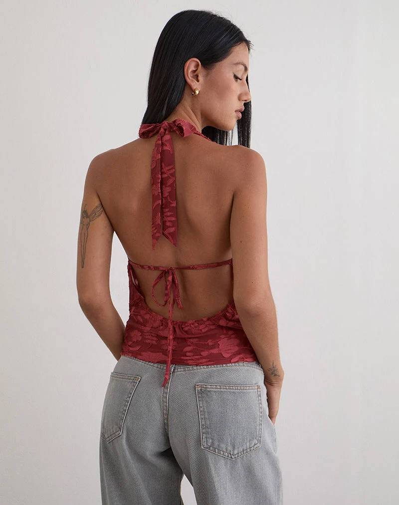 Yukari Plunge Top in Burnout Mesh Red