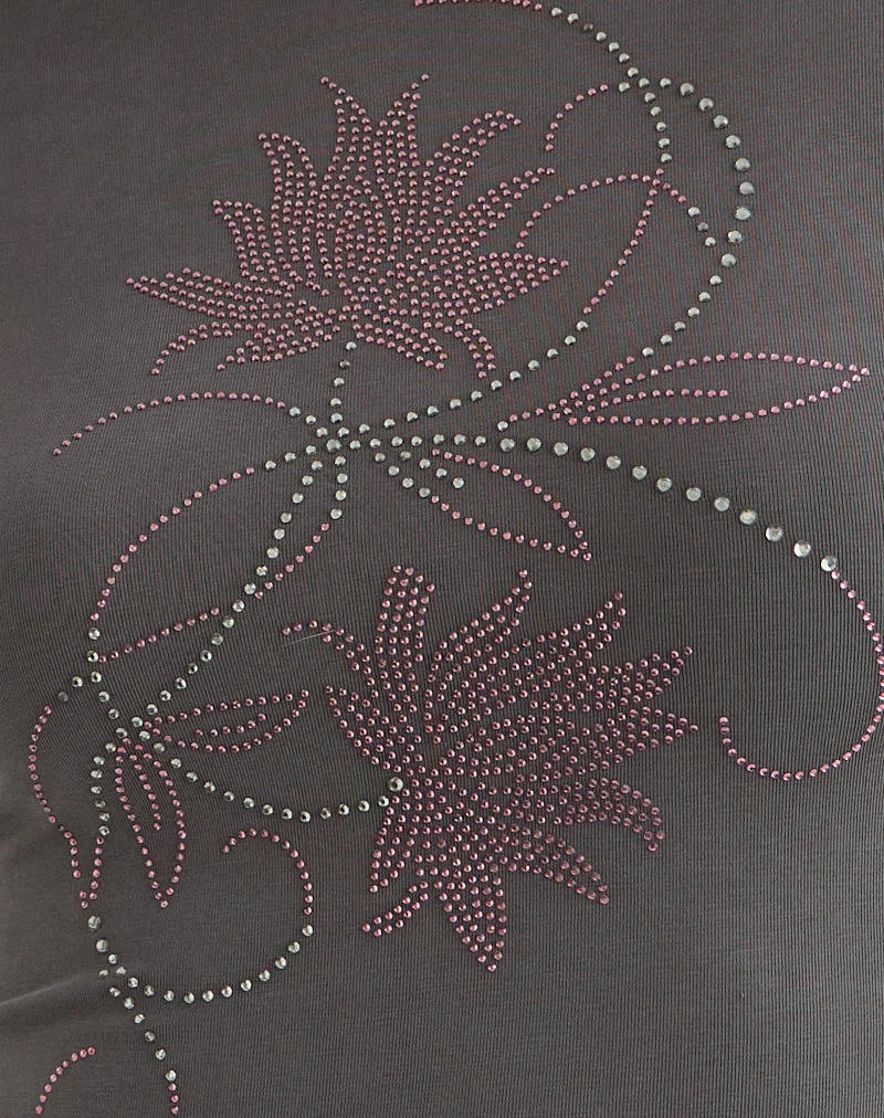 Haut à manches longues Tiyana avec fleur en strass gris foncé