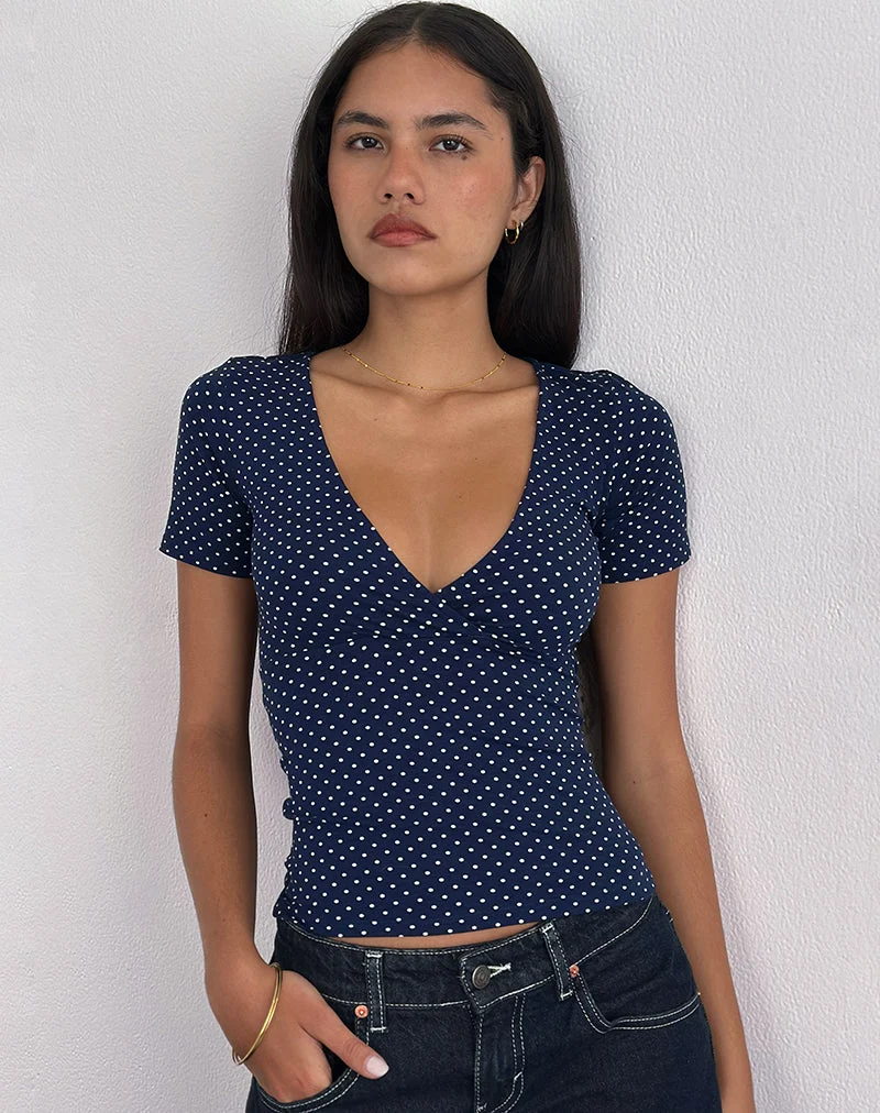 Haut Lobos Crossover en jersey micro pois bleu marine