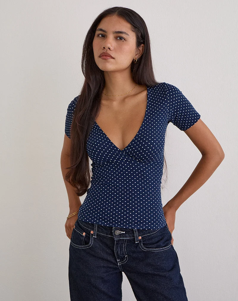 Haut Lobos Crossover en jersey micro pois bleu marine