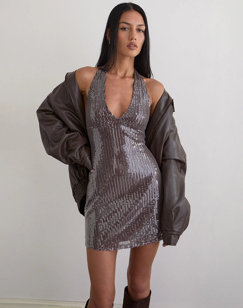 Hepasi Robe dos nu en paillettes transparentes teintées marron