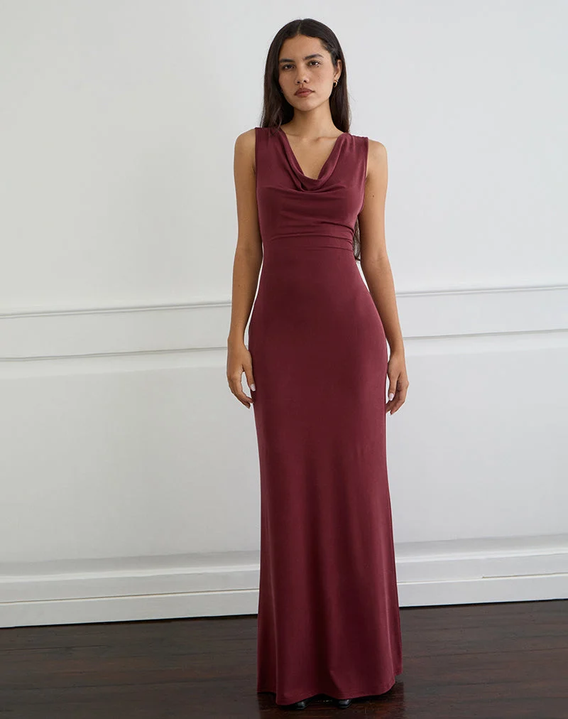 Namra - Robe longue à col bénitier en cupro - Bourgogne
