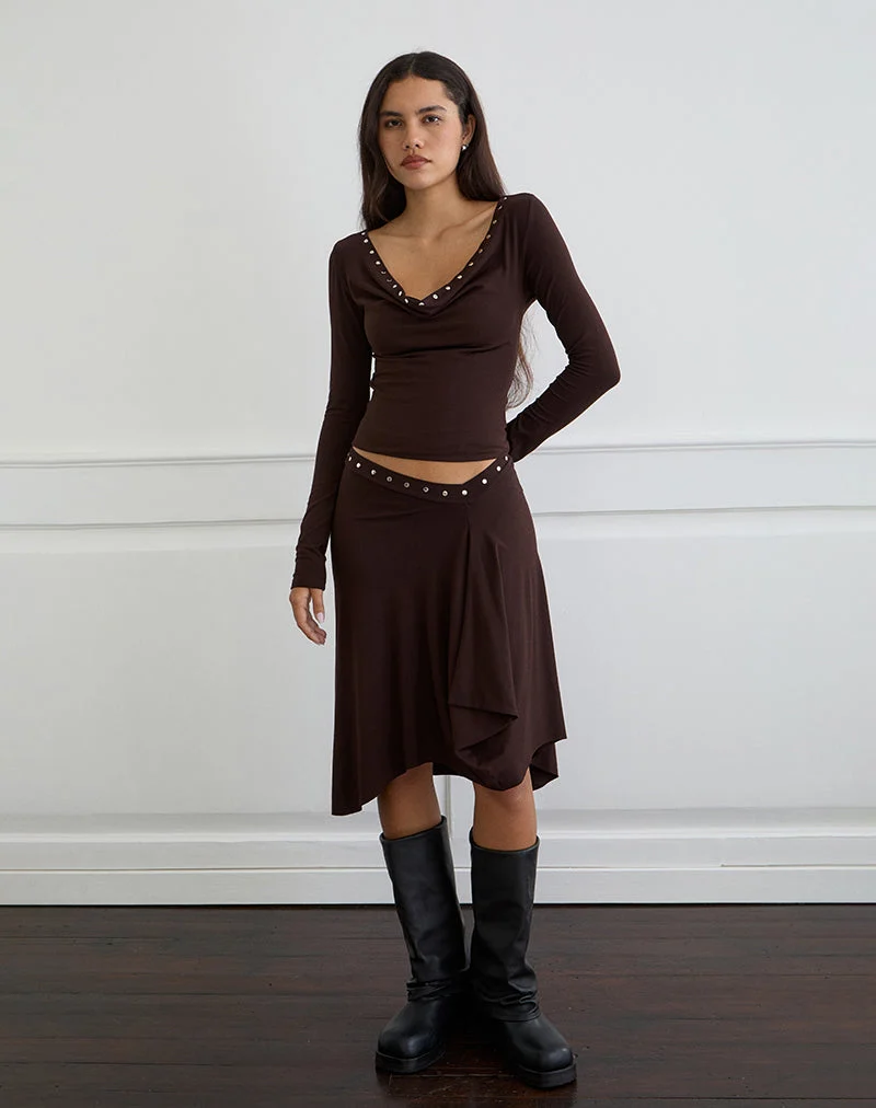 Jupe midi Emera avec clous en chocolat amer