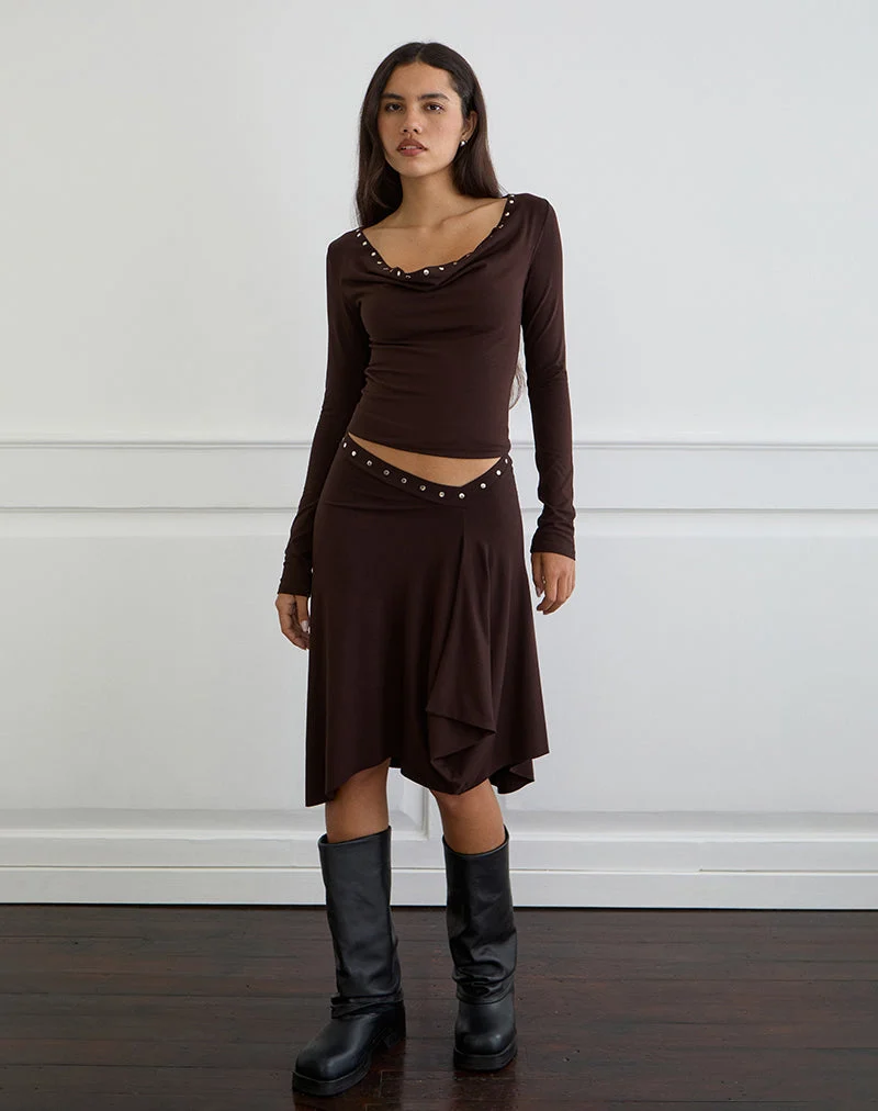 Jupe midi Emera avec clous en chocolat amer