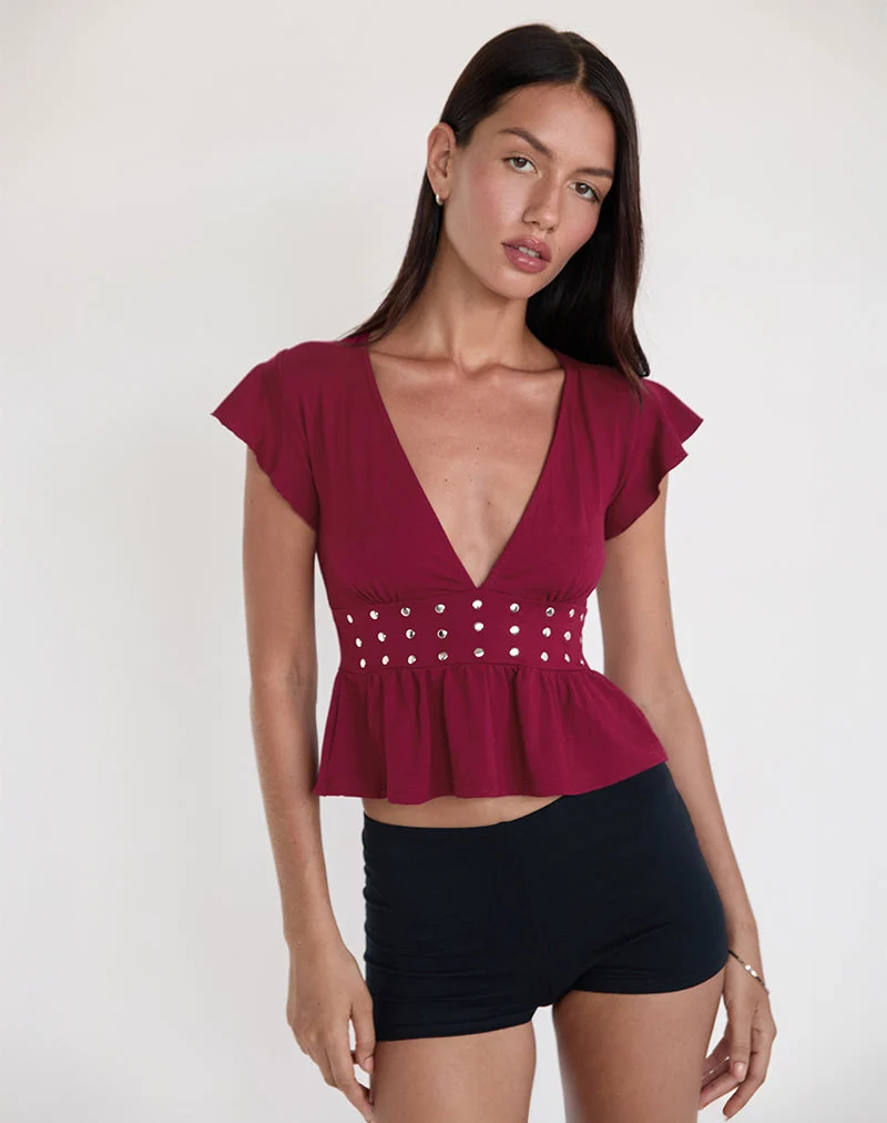 Leisma Frill Top in Jersey Burgundy with Studs (Top à volants Leisma en jersey bourgogne avec clous)