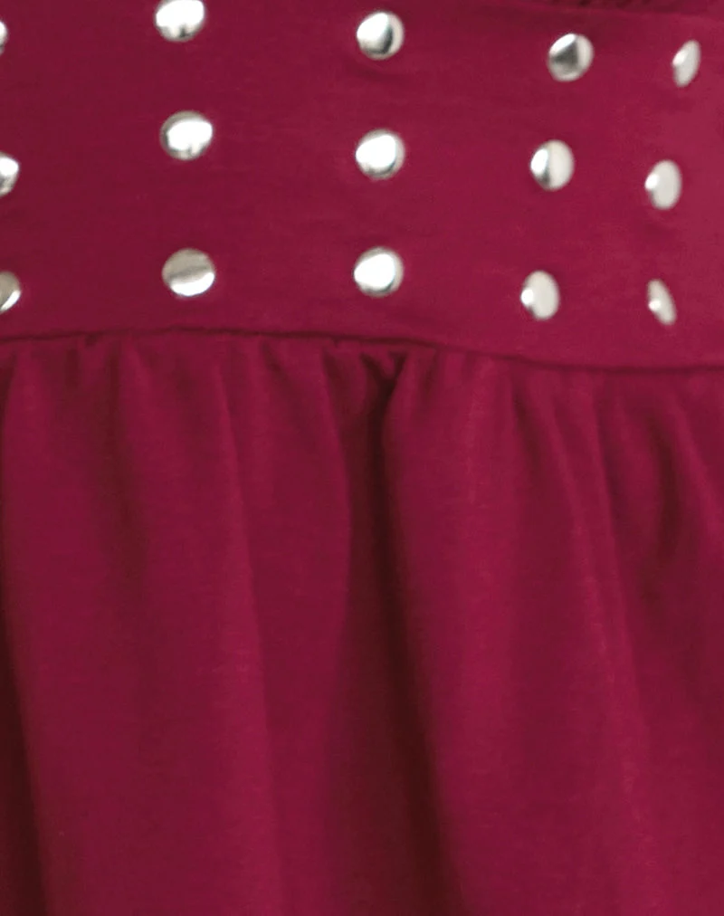 Leisma Frill Top in Jersey Burgundy with Studs (Top à volants Leisma en jersey bourgogne avec clous)