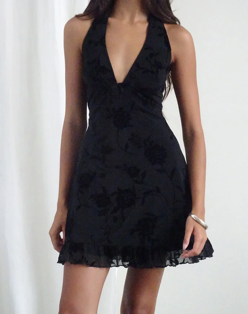 Motya - Mini robe dos nu en rose floqué noir