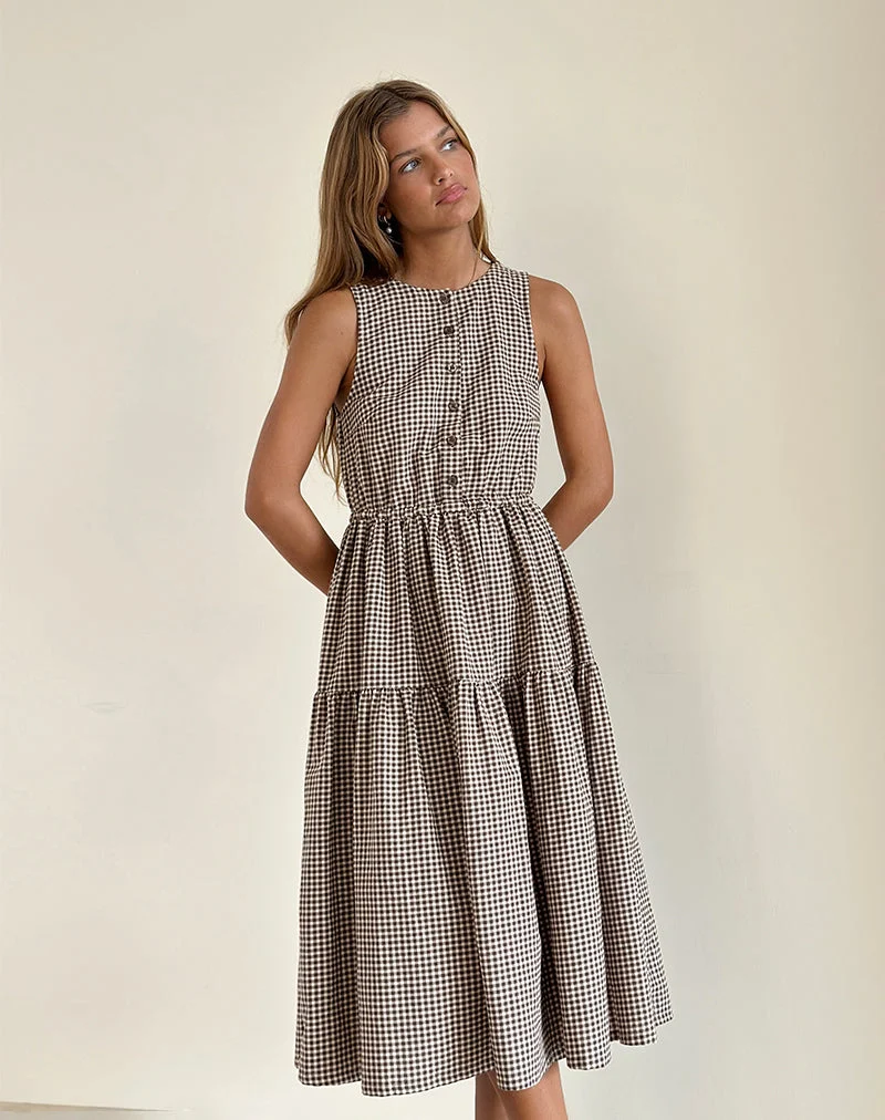 Galuh - Robe à smocks en mini vichy marron