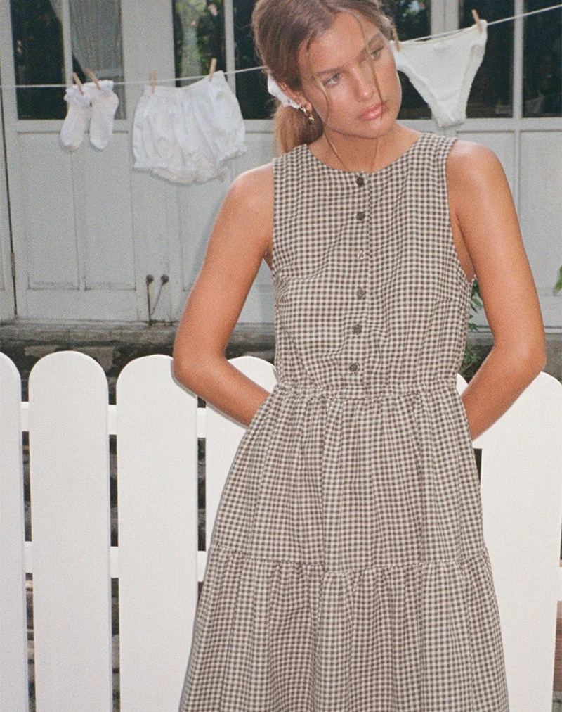 Galuh - Robe à smocks en mini vichy marron