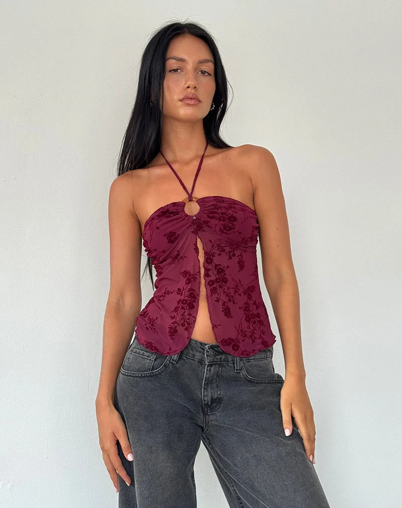 Top Janar en Botanical Flower Maroon