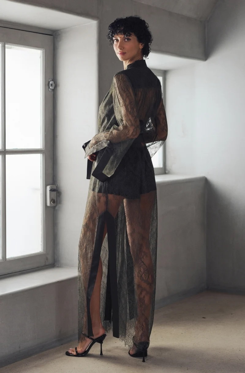 Kimono long en dentelle verte Brooke