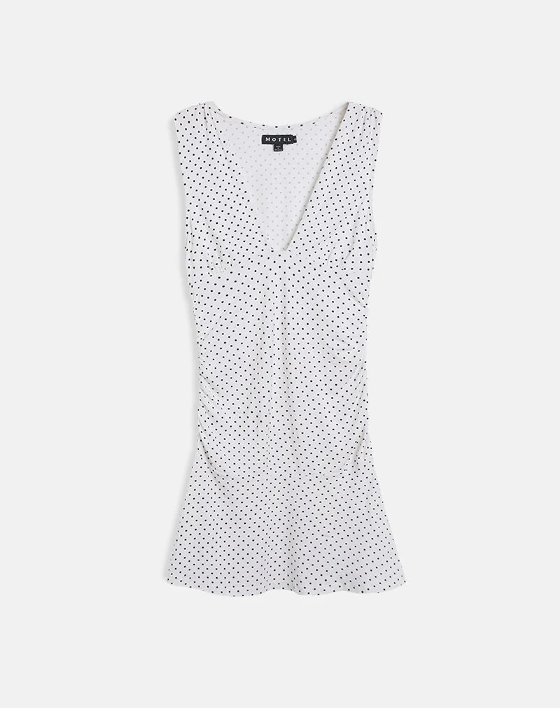 Luscian Plunge Mini Dress in White with Micro Polka Black (Mini robe plongeante en blanc avec micro-polka noir)
