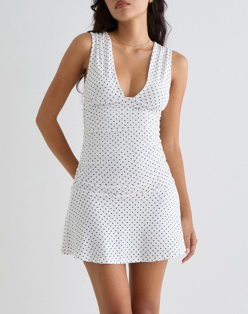 Luscian Plunge Mini Dress in White with Micro Polka Black (Mini robe plongeante en blanc avec micro-polka noir)