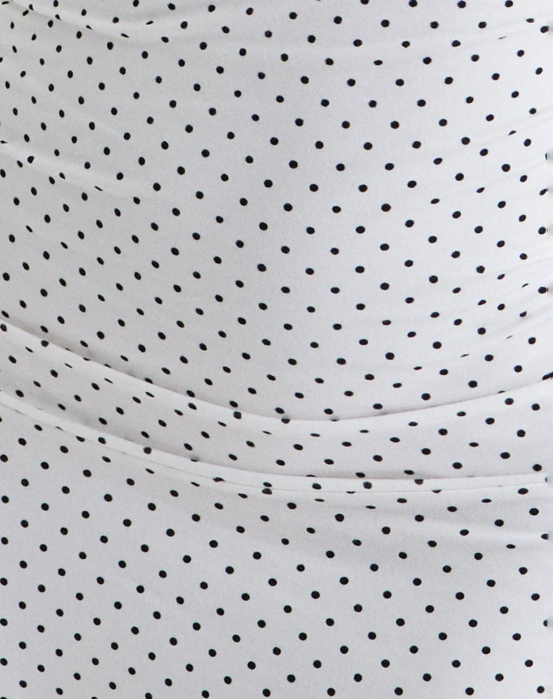 Luscian Plunge Mini Dress in White with Micro Polka Black (Mini robe plongeante en blanc avec micro-polka noir)