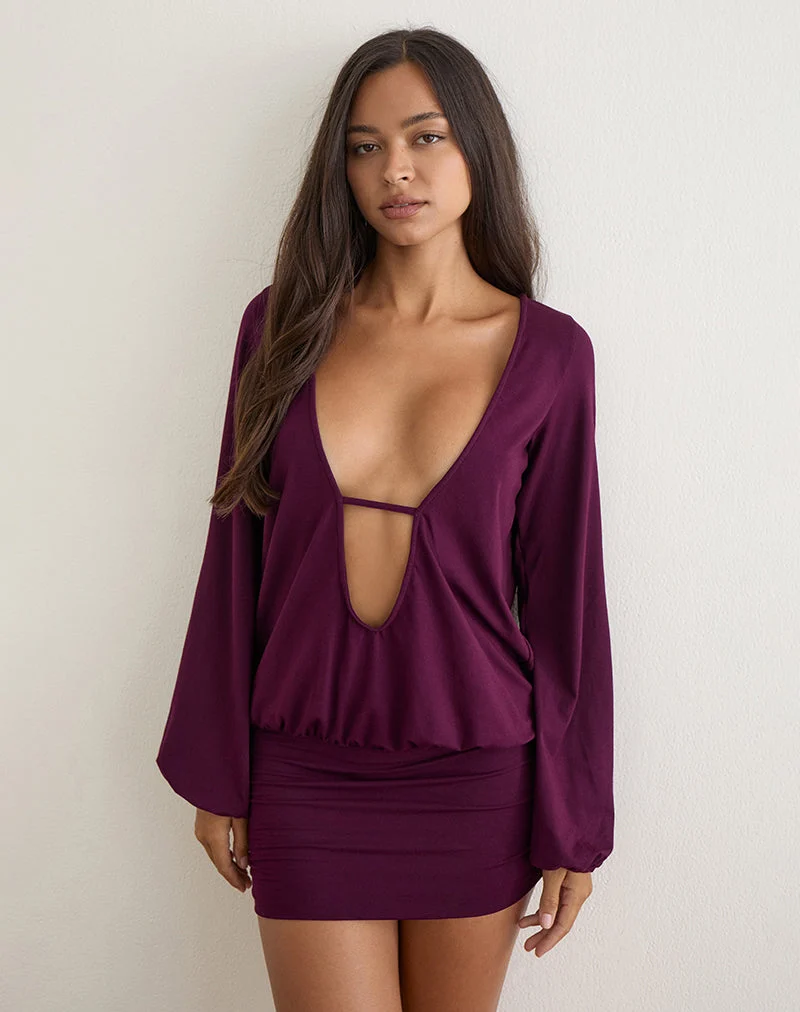 Mini-robe à manches longues et décolleté plongeant « Bede », couleur figue