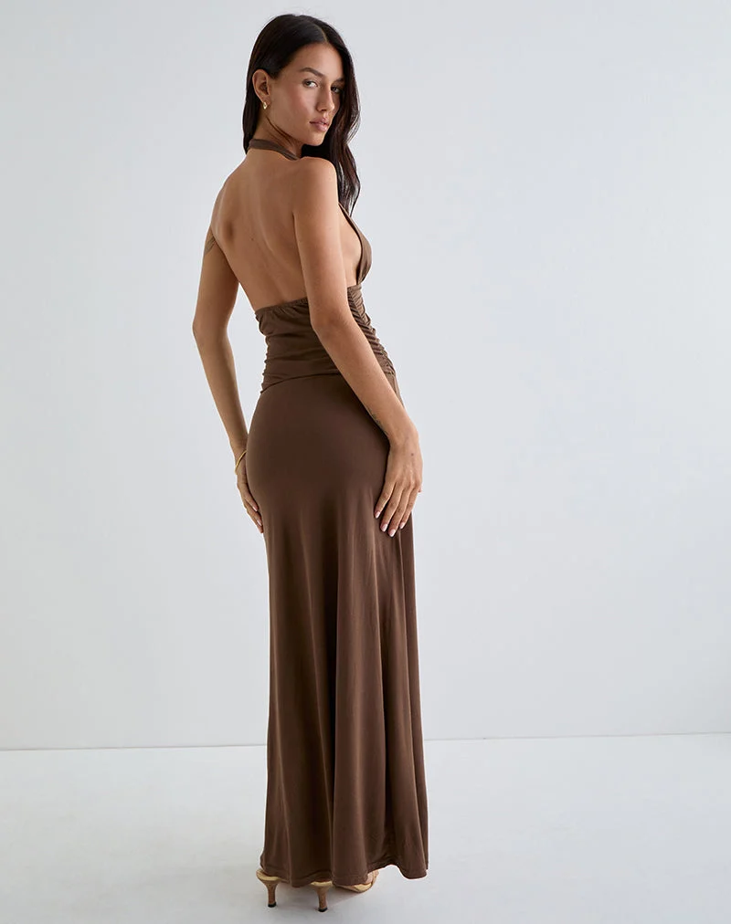 Robe longue Ryoko en cupro marron foncé