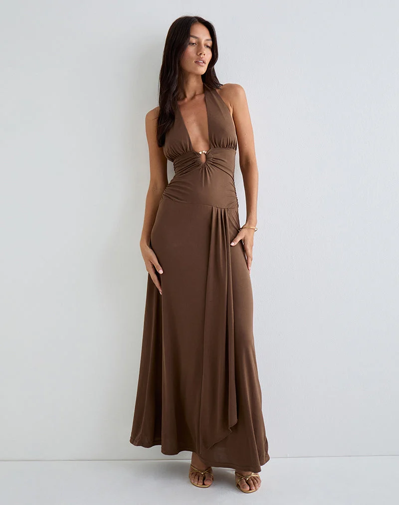 Robe longue Ryoko en cupro marron foncé