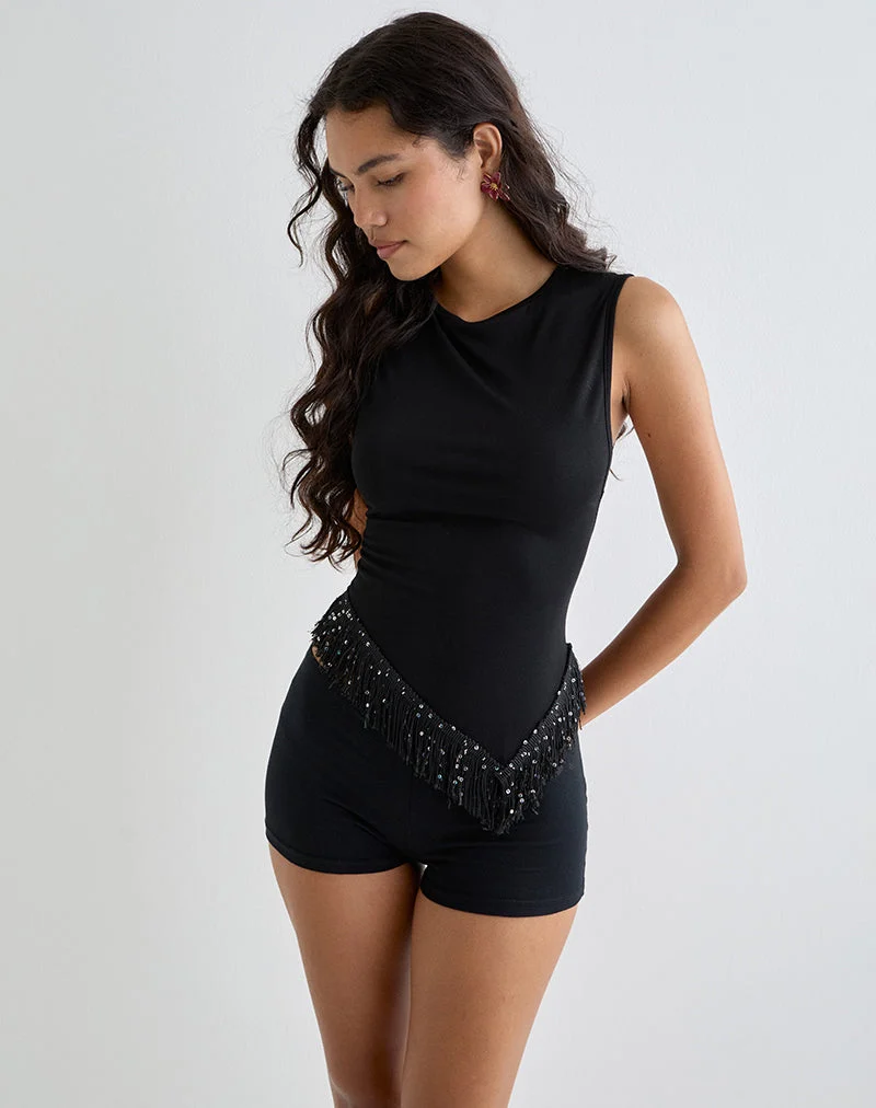 Dusya - Top à franges en cupro noir