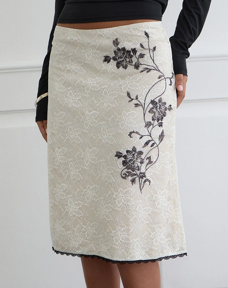 Jupe midi Laykha en dentelle ivoire avec imprimé vigne noir