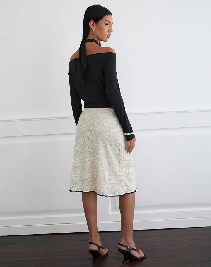 Jupe midi Laykha en dentelle ivoire avec imprimé vigne noir