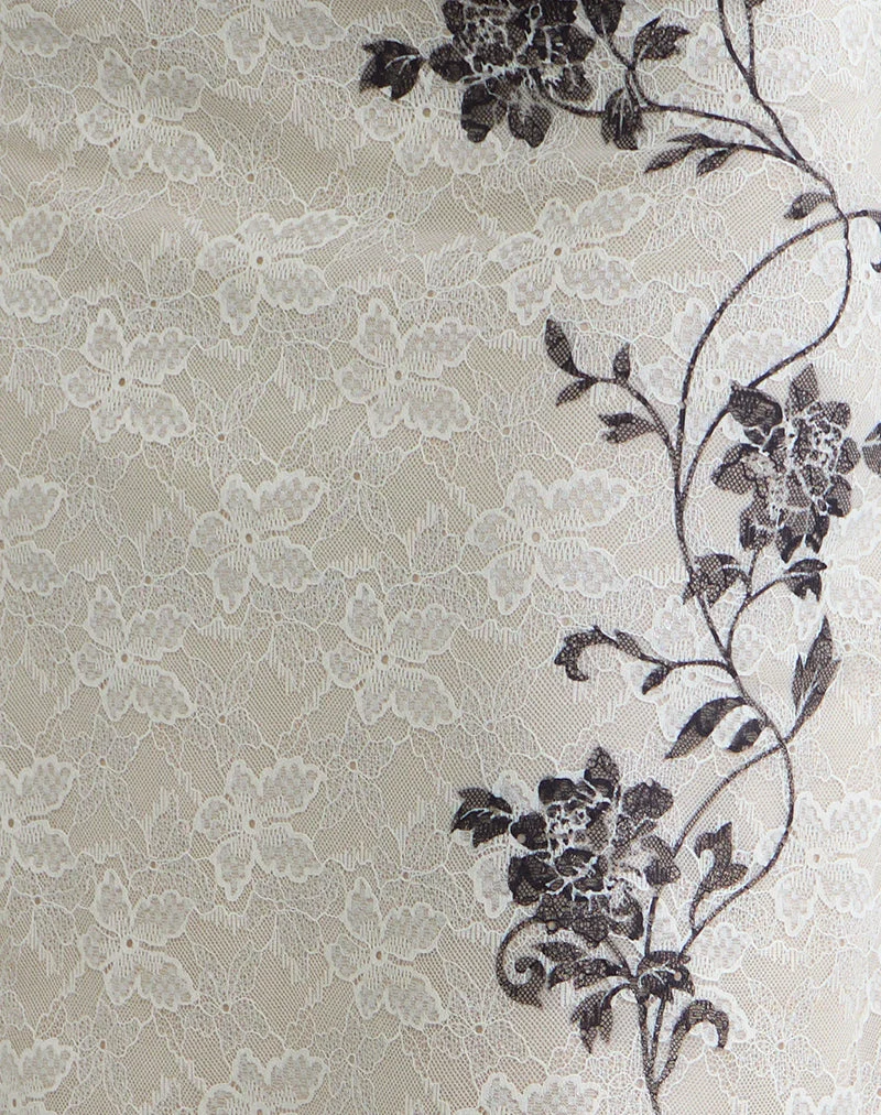 Jupe midi Laykha en dentelle ivoire avec imprimé vigne noir