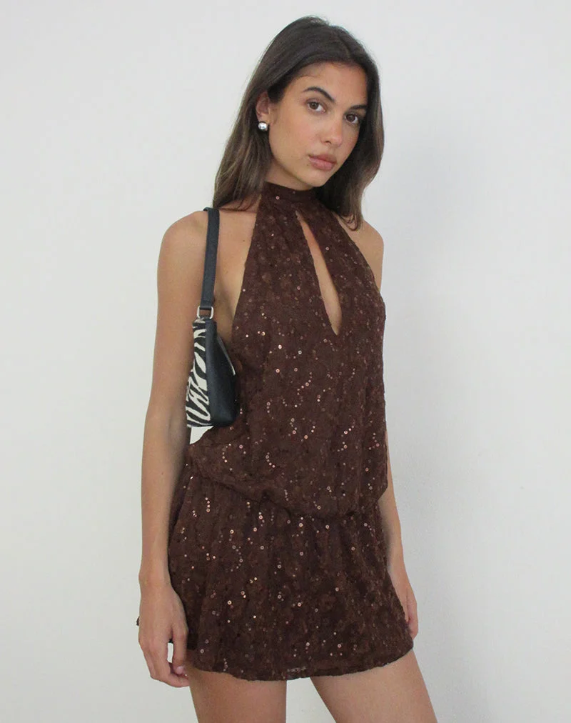 Mini-robe courte à dos nageur, en maille à paillettes marron