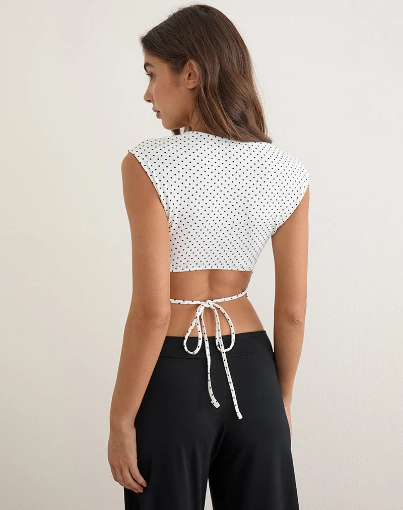 Haut croisé Netan blanc à micro-pois noirs