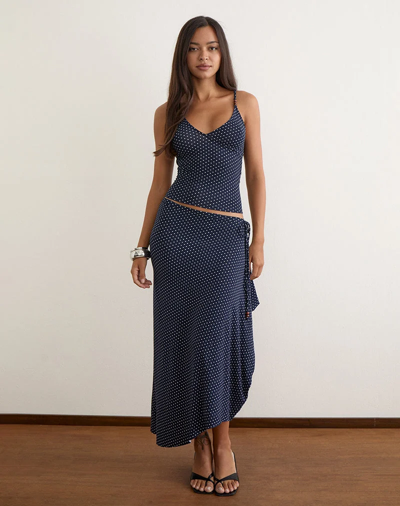 Jupe longue Phemia ornée de perles, en jersey bleu marine à micro-motif à pois