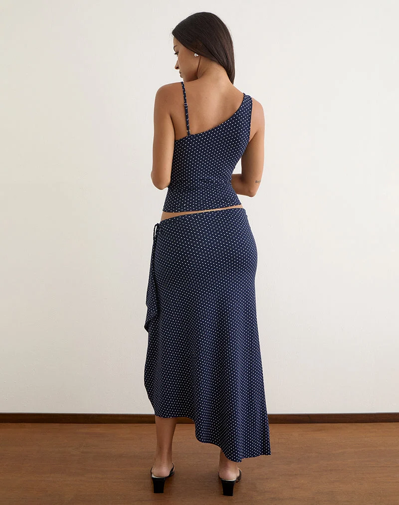 Jupe longue Phemia ornée de perles, en jersey bleu marine à micro-motif à pois
