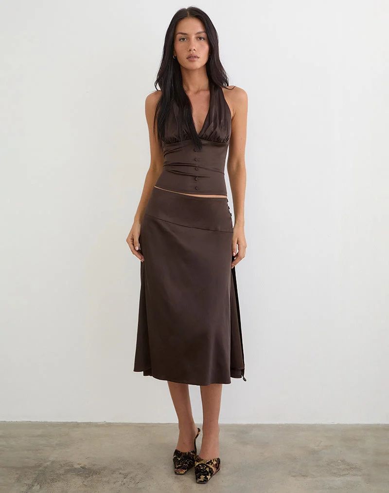 Jupe midi Manyala en satin marron foncé