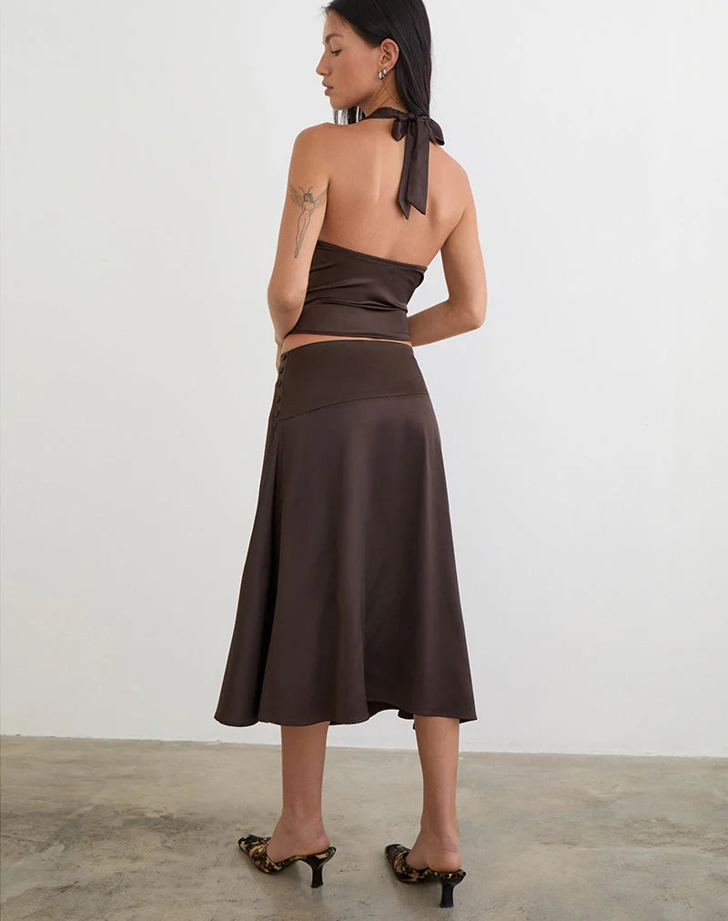 Jupe midi Manyala en satin marron foncé