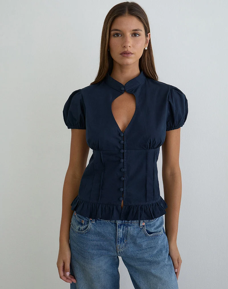 Blouse à manches bouffantes et encolure en Yamila, bleu marine foncé