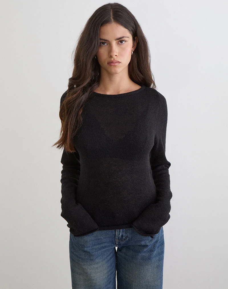 Haut à manches longues Aika en maille transparente noire