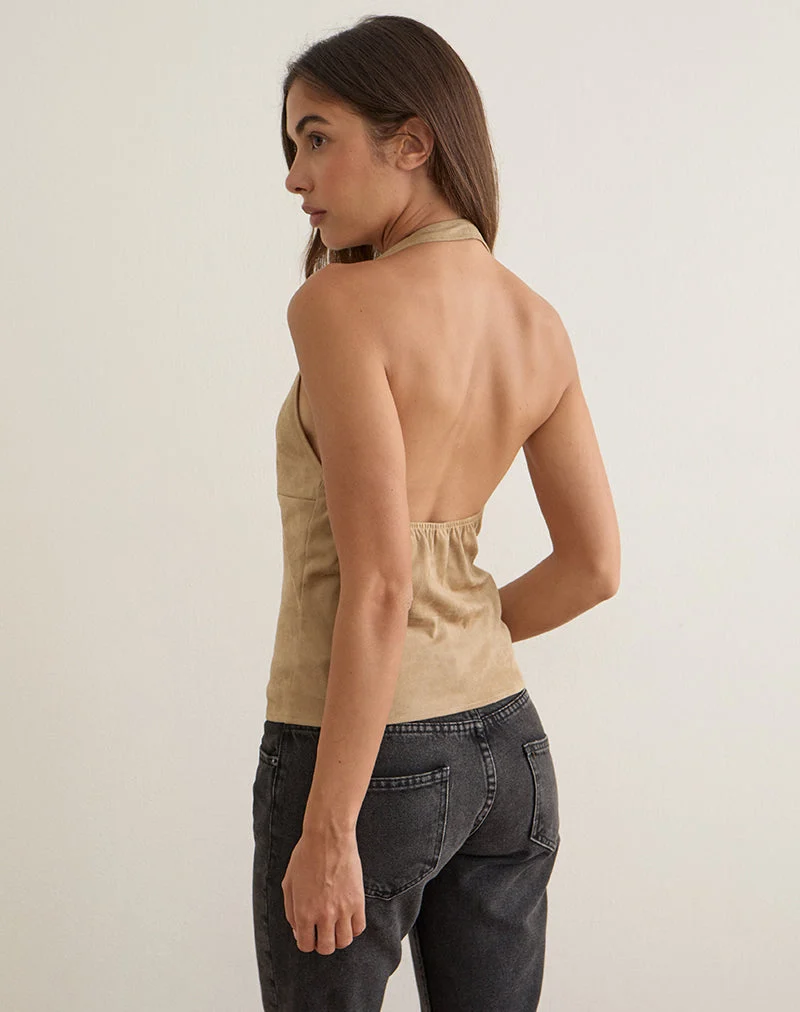 Haut à col licou Estri en simili-daim beige clair