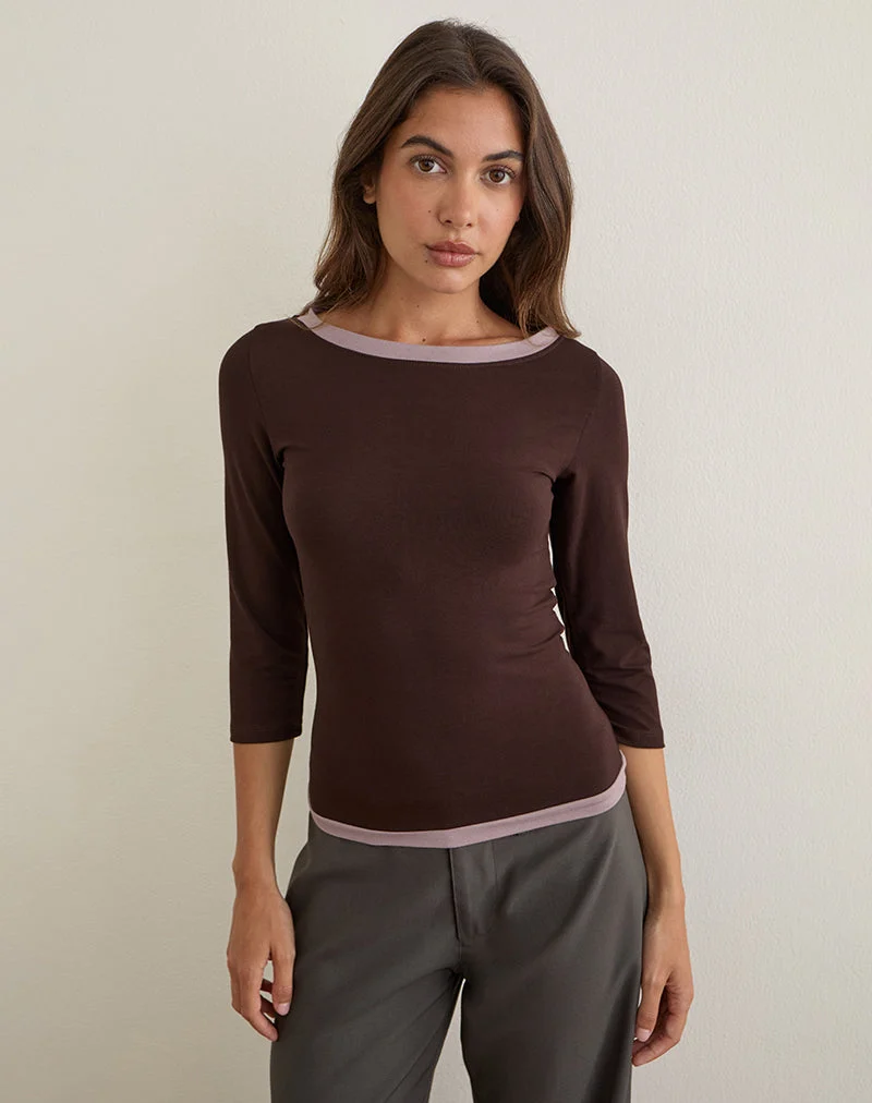 Haut à manches trois-quarts Yones, couleur chocolat amer avec bordure gris lavande