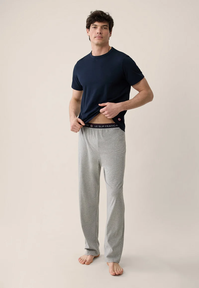 Ensemble pyjama haut bleu marine et pantalon gris en coton - Pyjama Haut Manches Courtes Formidable Marine Et Bas De Pyjama Long Indomptable Gris