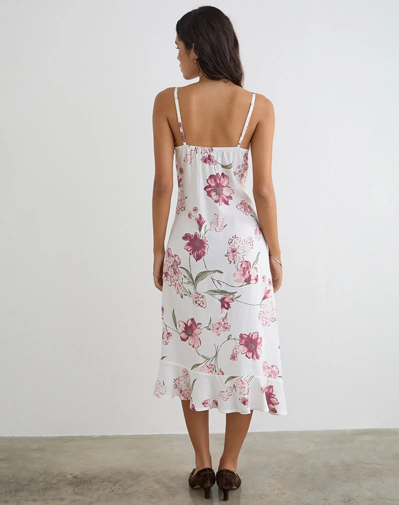 Robe midi Nalami, motif floral « Femme », blanche