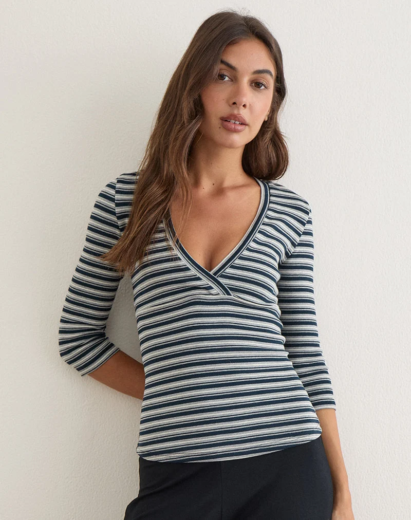 Haut à manches trois-quarts Silea en jersey rayé bleu marine et gris