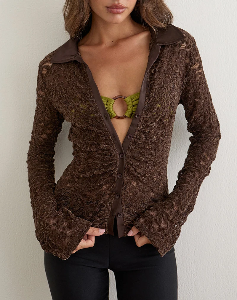 Chemise ajustée Tamy en dentelle marron