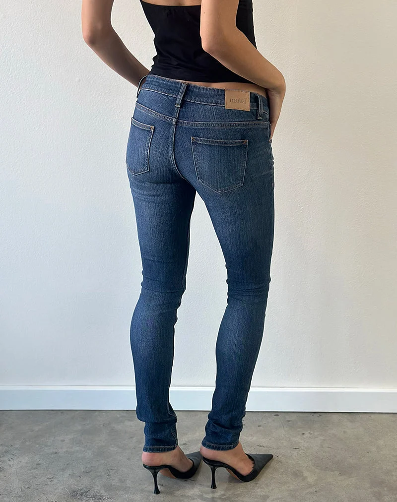 Jean skinny extensible à taille ultra basse, bleu foncé délavé
