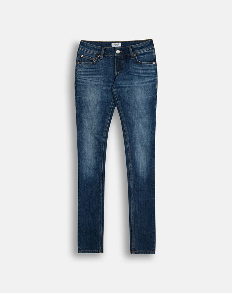 Jean skinny extensible à taille ultra basse, bleu foncé délavé