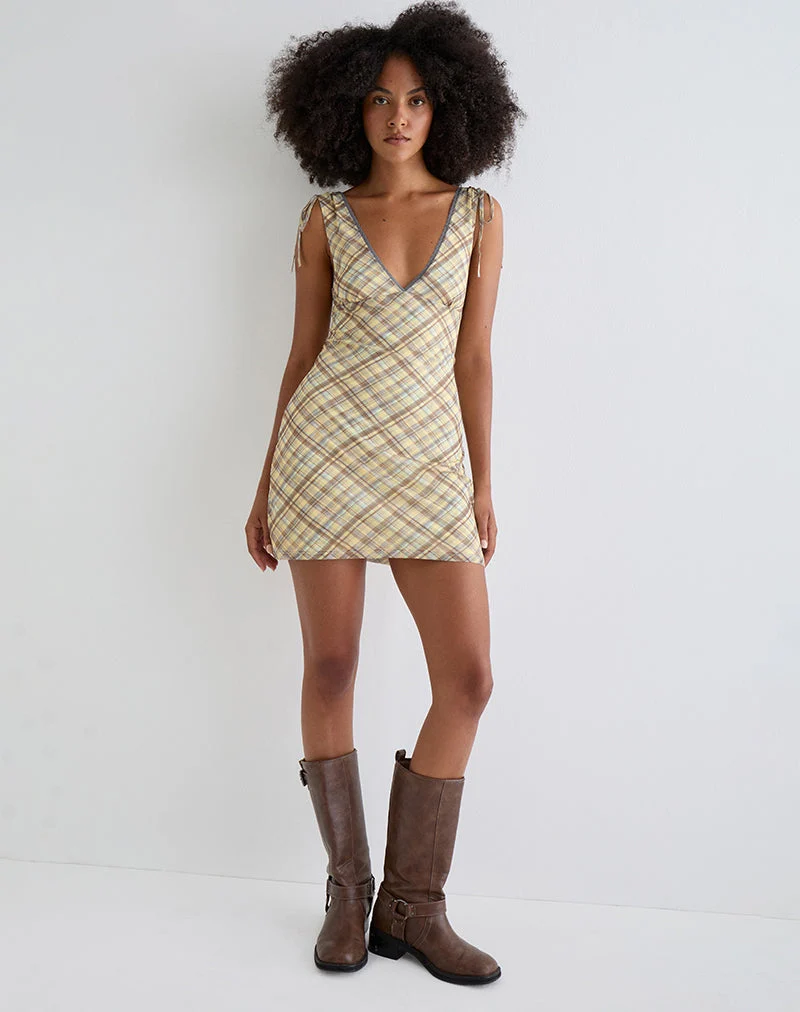 Carmila Gathered Mini Dress in Check Yellow (Mini robe froncée à carreaux)