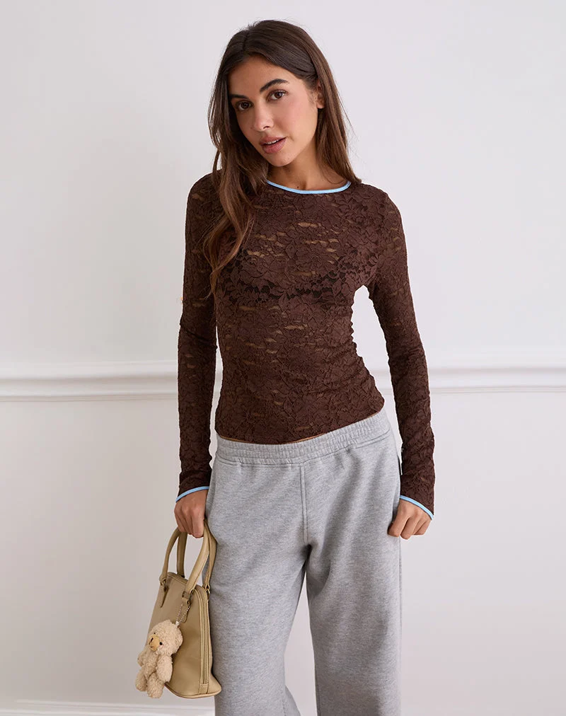 Abon Long Sleeve Top in Lace Brown with Blue Binding (Top à manches longues en dentelle marron avec bordure bleue)