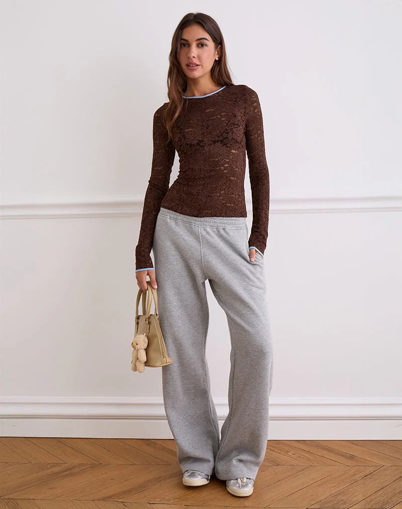 Abon Long Sleeve Top in Lace Brown with Blue Binding (Top à manches longues en dentelle marron avec bordure bleue)