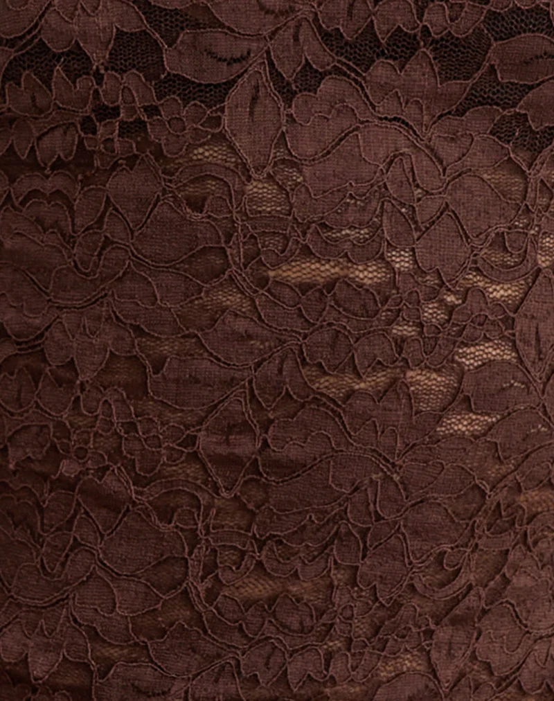 Abon Long Sleeve Top in Lace Brown with Blue Binding (Top à manches longues en dentelle marron avec bordure bleue)