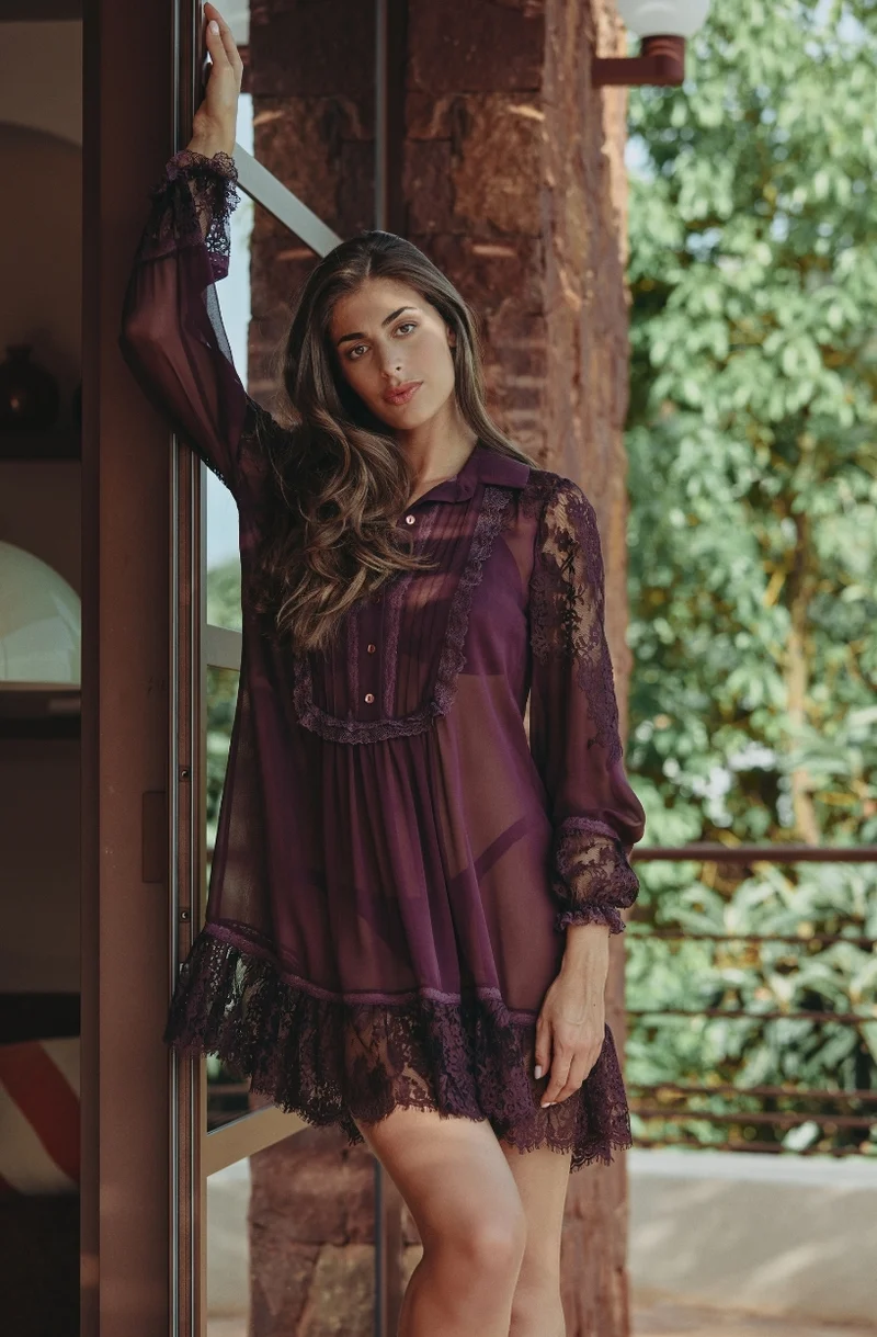 Robe chemise Calista en mousseline de soie et dentelle brun