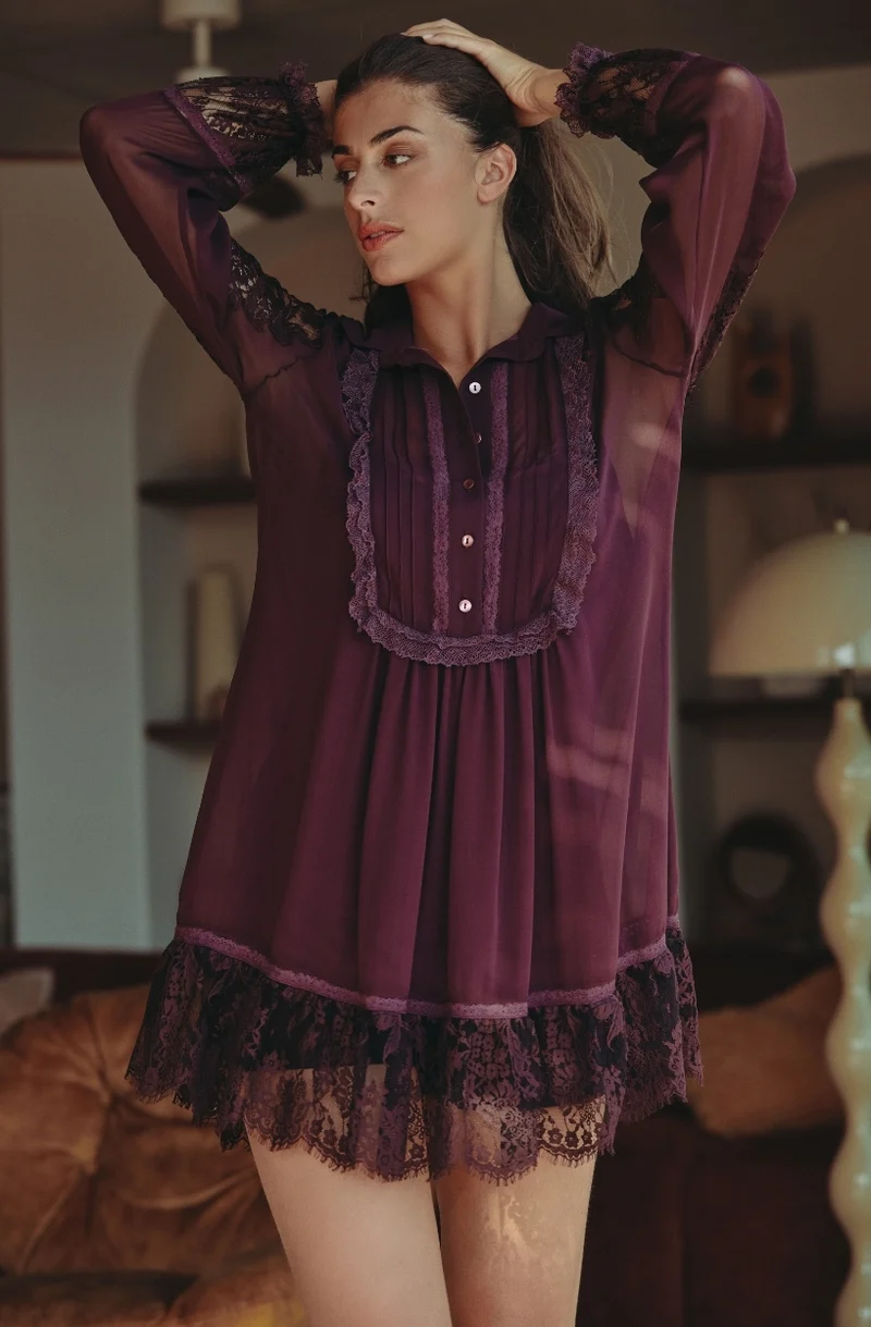 Robe chemise Calista en mousseline de soie et dentelle brun