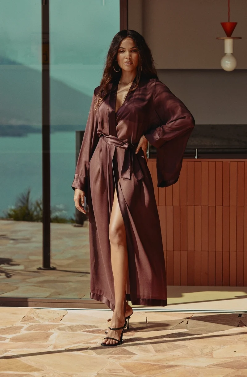 Kimono long Calista en mousseline de soie brun