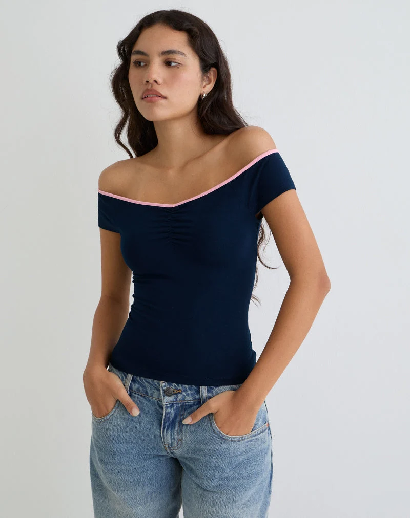 Top asymétrique Mayomi en bleu marine avec bordures roses