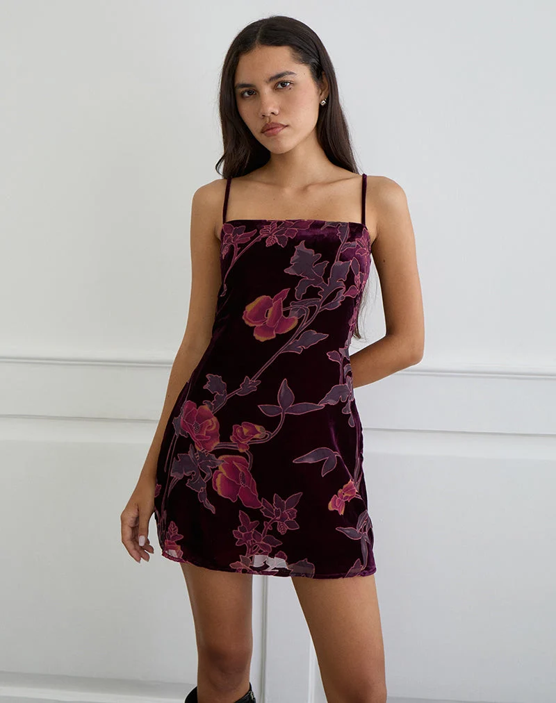 Alvana Mini Dress in Floral Devore Burgundy